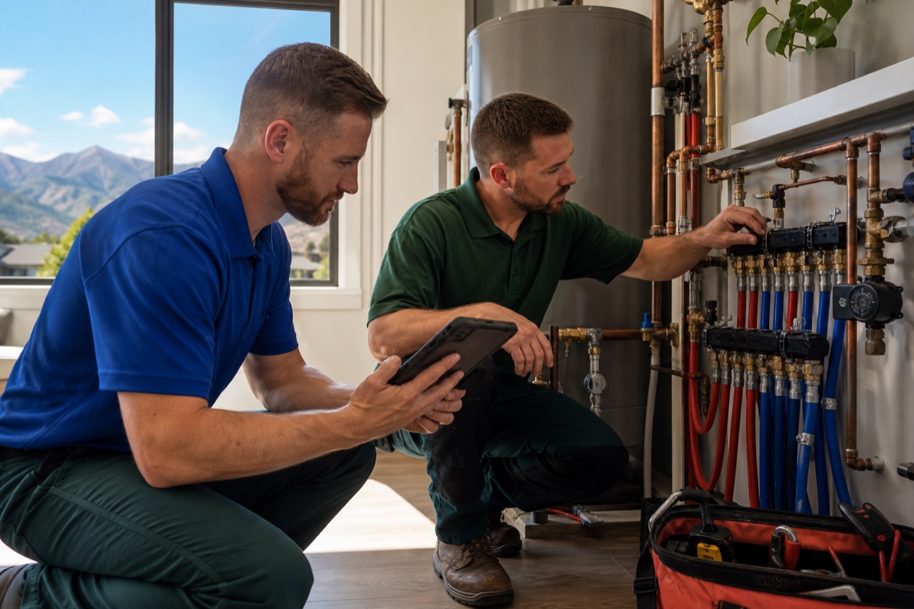 Two residential plumbing technicians reviewing a repair in a bright home