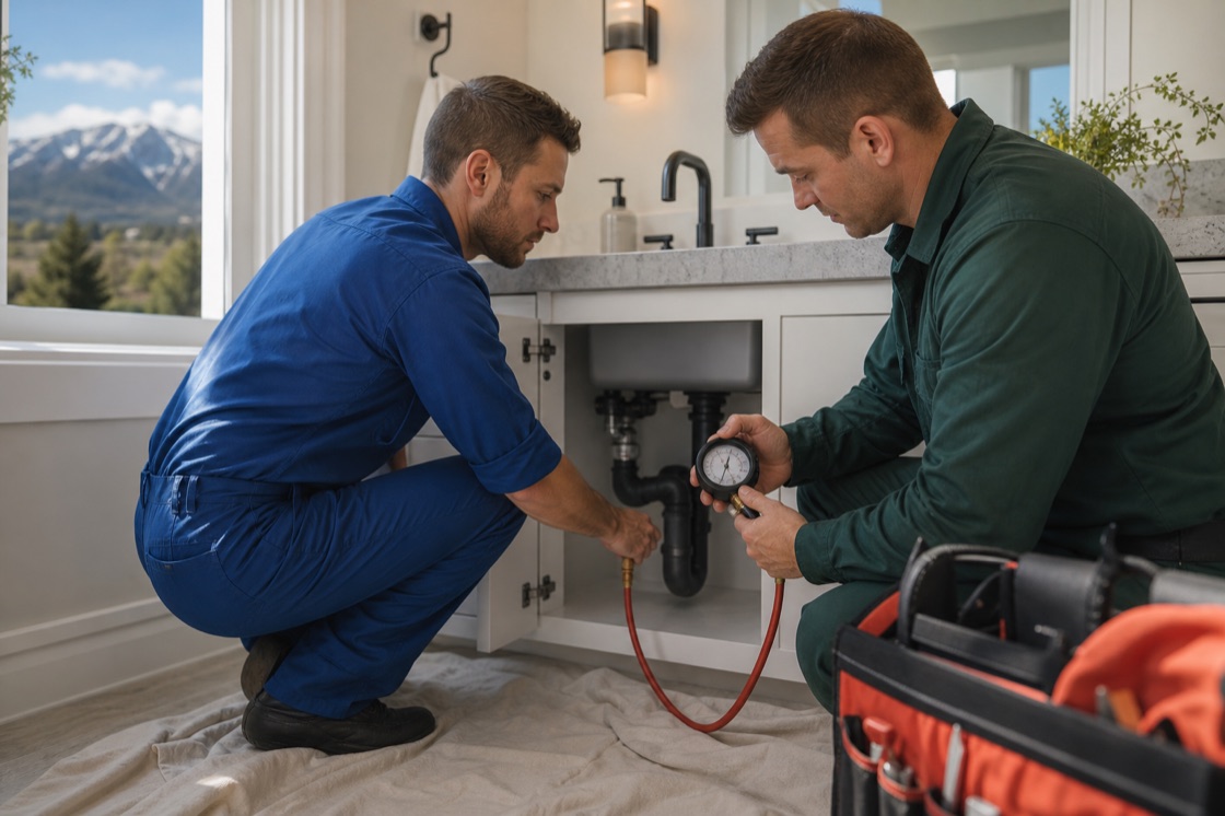 Residential plumber checking water pressure at a home fixture